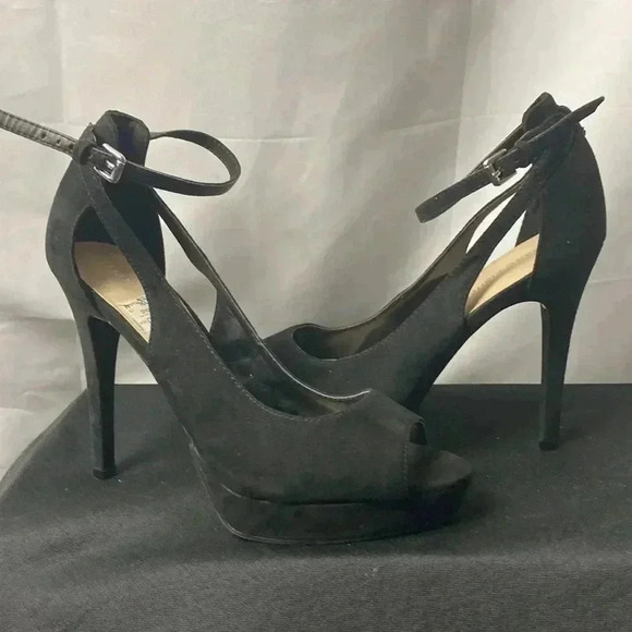 MARC FISHER WO SIZE 8.5 BLACK SUEDE 5” HEEL FRONT PLATFORM HEEL ANKLE STRAPS - Picture 2 of 16